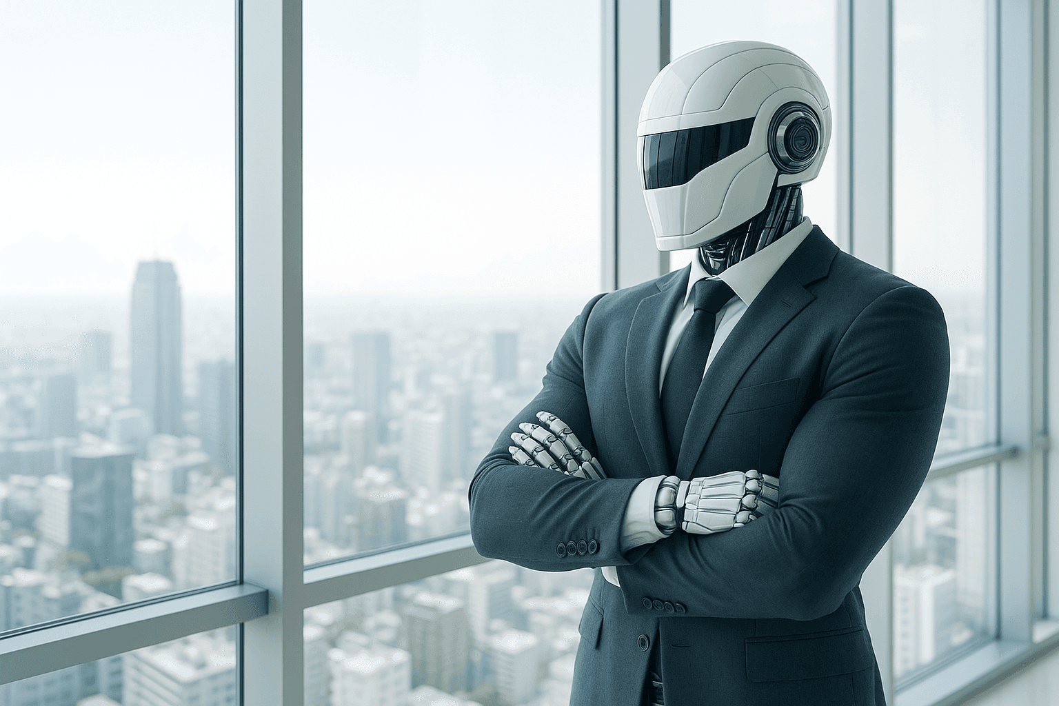 A robotic figure in a suit, arms crossed, in front of windows overlooking the city.