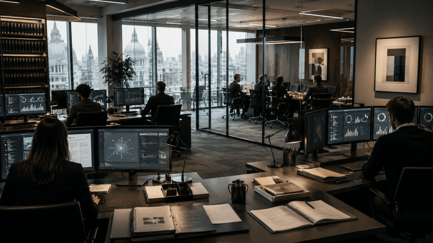 A law office with teams in front of analysis screens and charts, the city behind them.