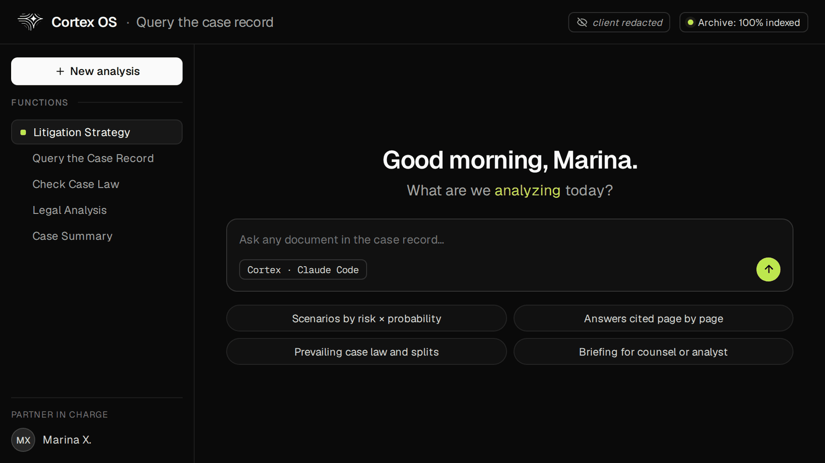 Mockup of the Cortex OS home screen, with a fictional user and fictional content.